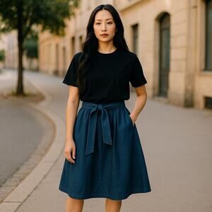 Women’s Cotton Chambray Front Tie Midi A Line Skirt XS Blue